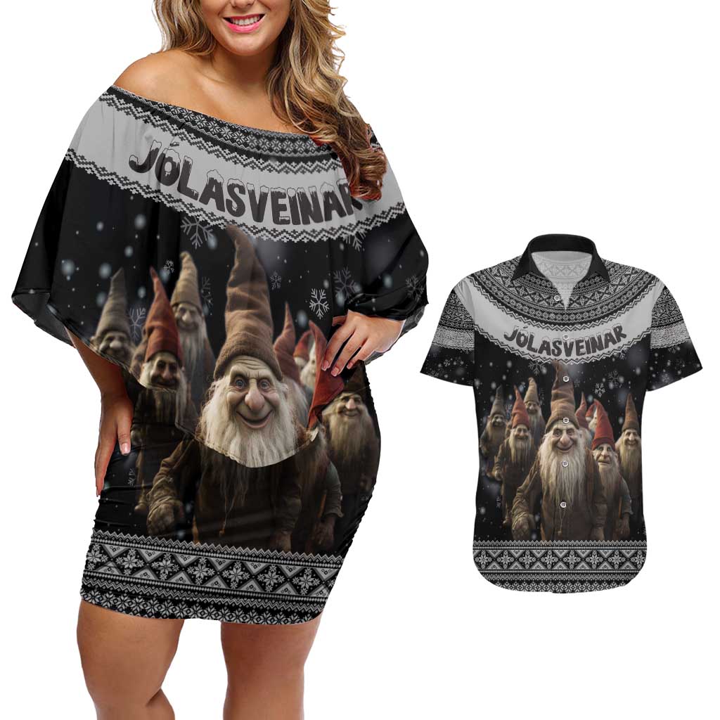 13 Yule Lads Iceland Christmas Couples Matching Off Shoulder Short Dress and Hawaiian Shirt Jolasveinar and Nordic Traditional Pattern - Wonder Print Shop