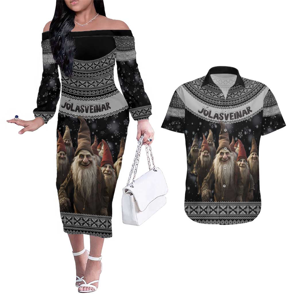 13 Yule Lads Iceland Christmas Couples Matching Off The Shoulder Long Sleeve Dress and Hawaiian Shirt Jolasveinar and Nordic Traditional Pattern - Wonder Print Shop