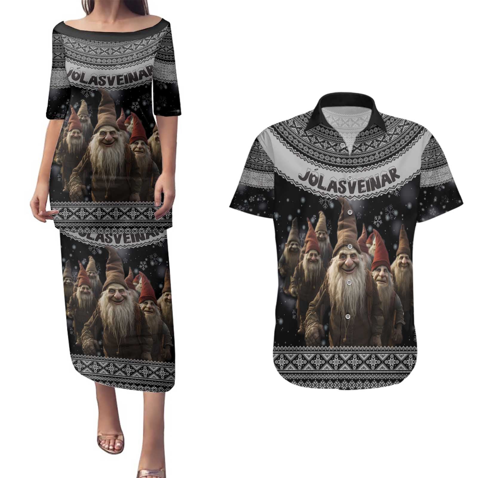 13 Yule Lads Iceland Christmas Couples Matching Puletasi and Hawaiian Shirt Jolasveinar and Nordic Traditional Pattern - Wonder Print Shop