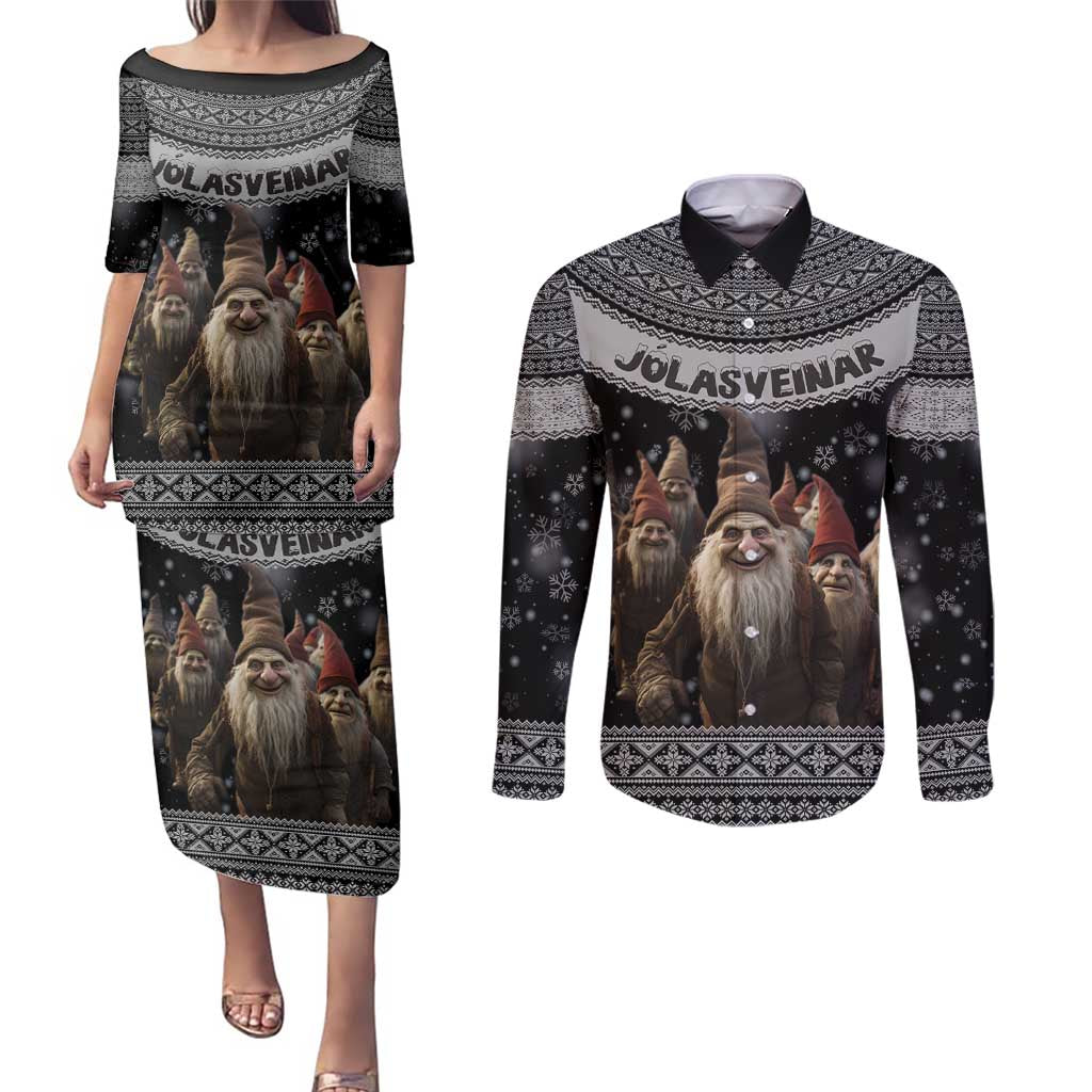 13 Yule Lads Iceland Christmas Couples Matching Puletasi and Long Sleeve Button Shirt Jolasveinar and Nordic Traditional Pattern - Wonder Print Shop