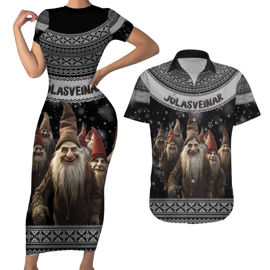 13 Yule Lads Iceland Christmas Couples Matching Short Sleeve Bodycon Dress and Hawaiian Shirt Jolasveinar and Nordic Traditional Pattern - Wonder Print Shop