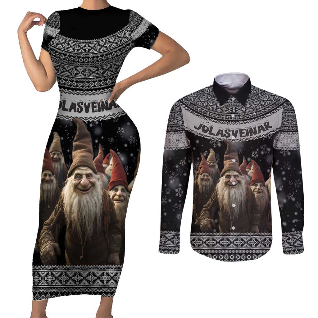 13 Yule Lads Iceland Christmas Couples Matching Short Sleeve Bodycon Dress and Long Sleeve Button Shirt Jolasveinar and Nordic Traditional Pattern - Wonder Print Shop