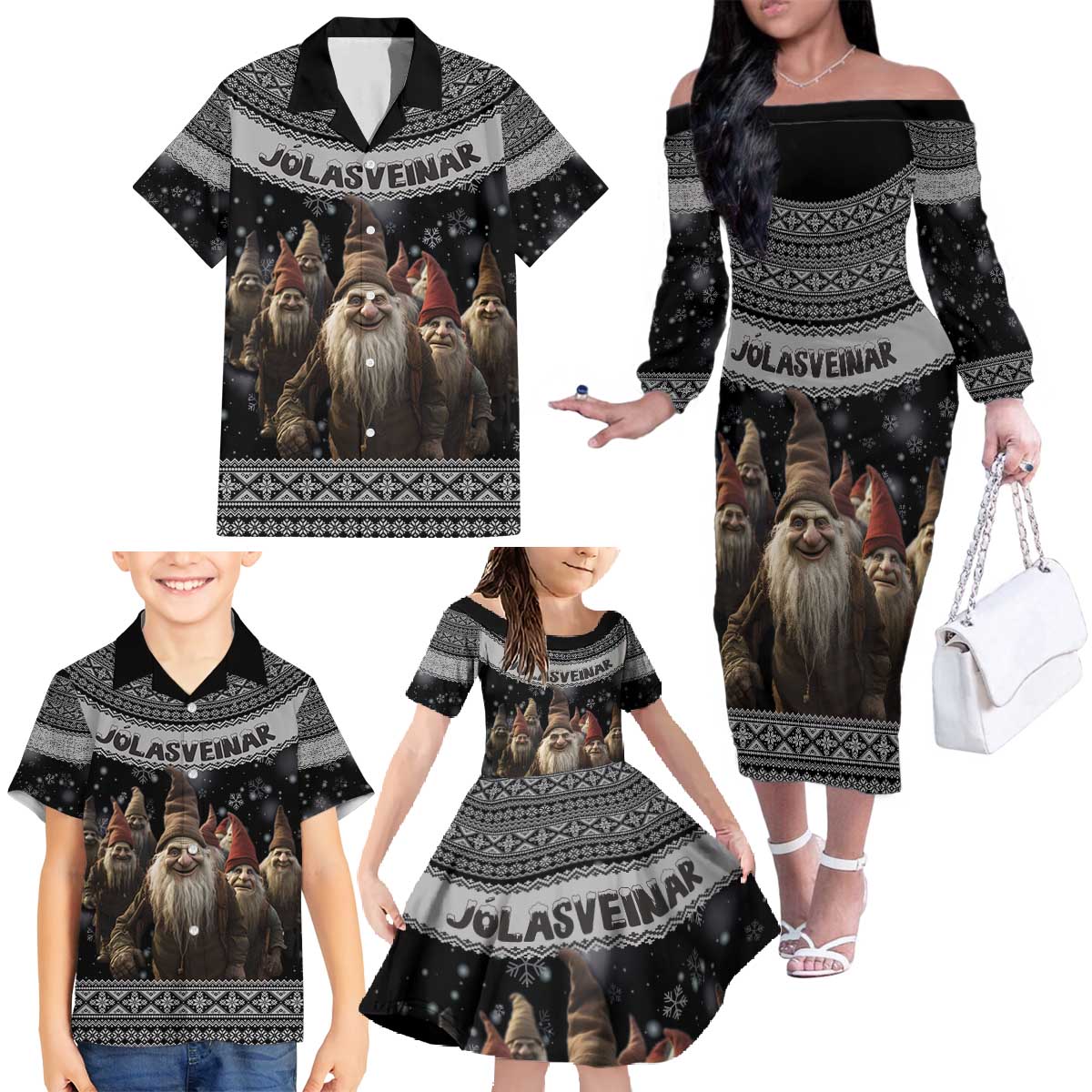 13 Yule Lads Iceland Christmas Family Matching Off The Shoulder Long Sleeve Dress and Hawaiian Shirt Jolasveinar and Nordic Traditional Pattern - Wonder Print Shop