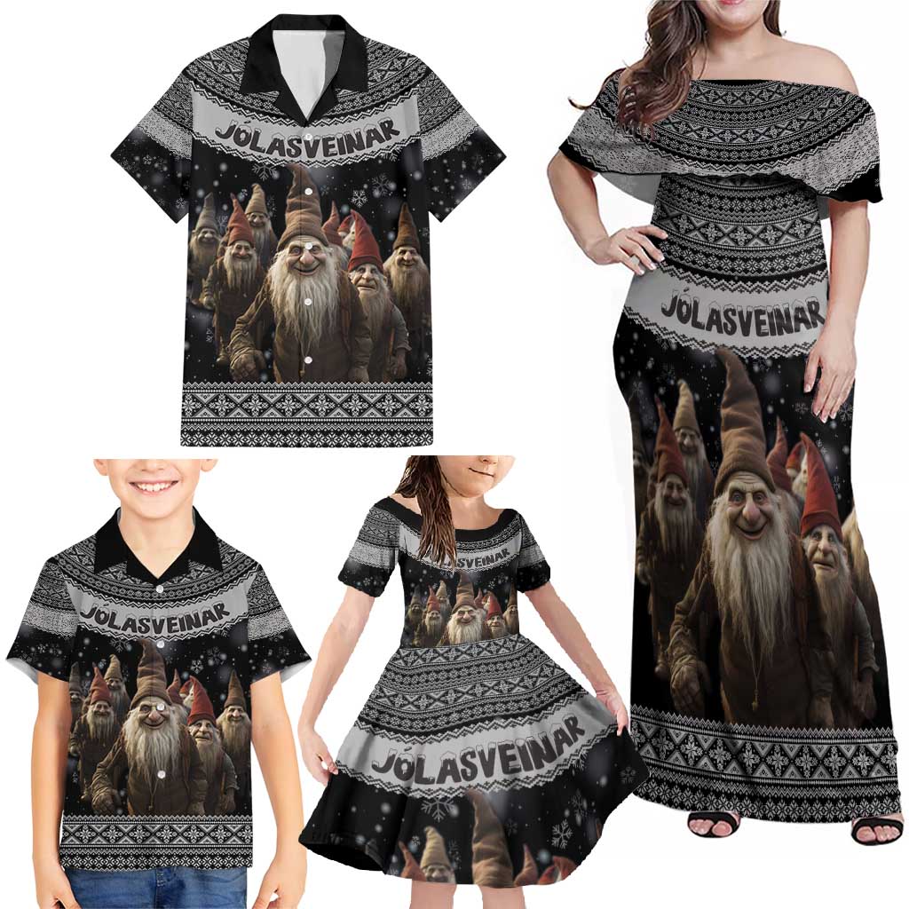 13 Yule Lads Iceland Christmas Family Matching Off Shoulder Maxi Dress and Hawaiian Shirt Jolasveinar and Nordic Traditional Pattern - Wonder Print Shop