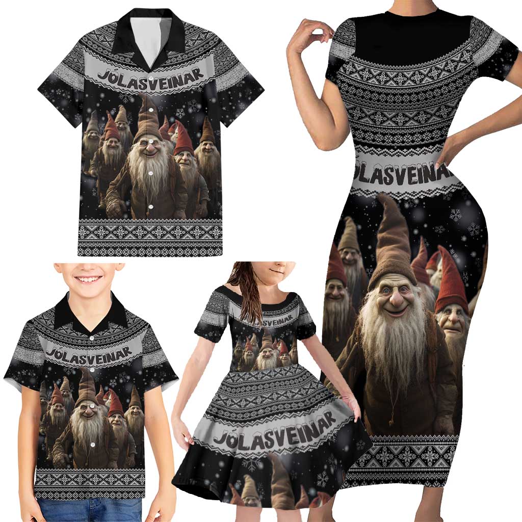 13 Yule Lads Iceland Christmas Family Matching Short Sleeve Bodycon Dress and Hawaiian Shirt Jolasveinar and Nordic Traditional Pattern - Wonder Print Shop