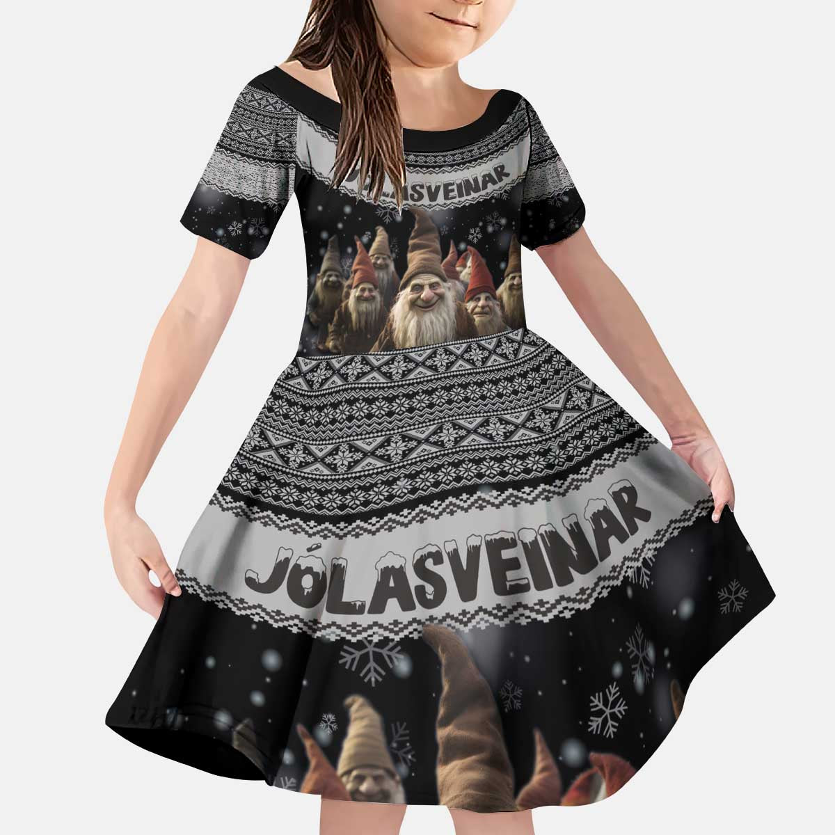 13 Yule Lads Iceland Christmas Kid Short Sleeve Dress Jolasveinar and Nordic Traditional Pattern - Wonder Print Shop