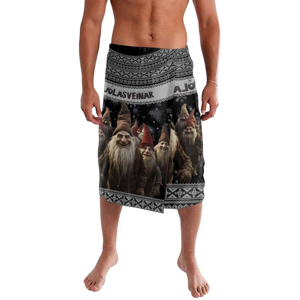 Black drawstring lava-lava sarong with Nordic pattern and 13 Yule lad character print