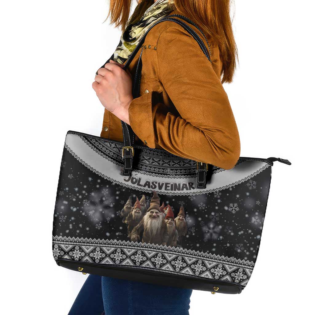 13 Yule Lads Iceland Christmas Leather Tote Bag Jolasveinar and Nordic Traditional Pattern - Wonder Print Shop