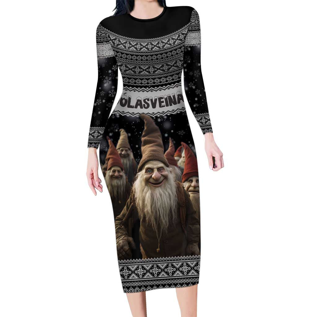 13 Yule Lads Iceland Christmas Long Sleeve Bodycon Dress Jolasveinar and Nordic Traditional Pattern - Wonder Print Shop