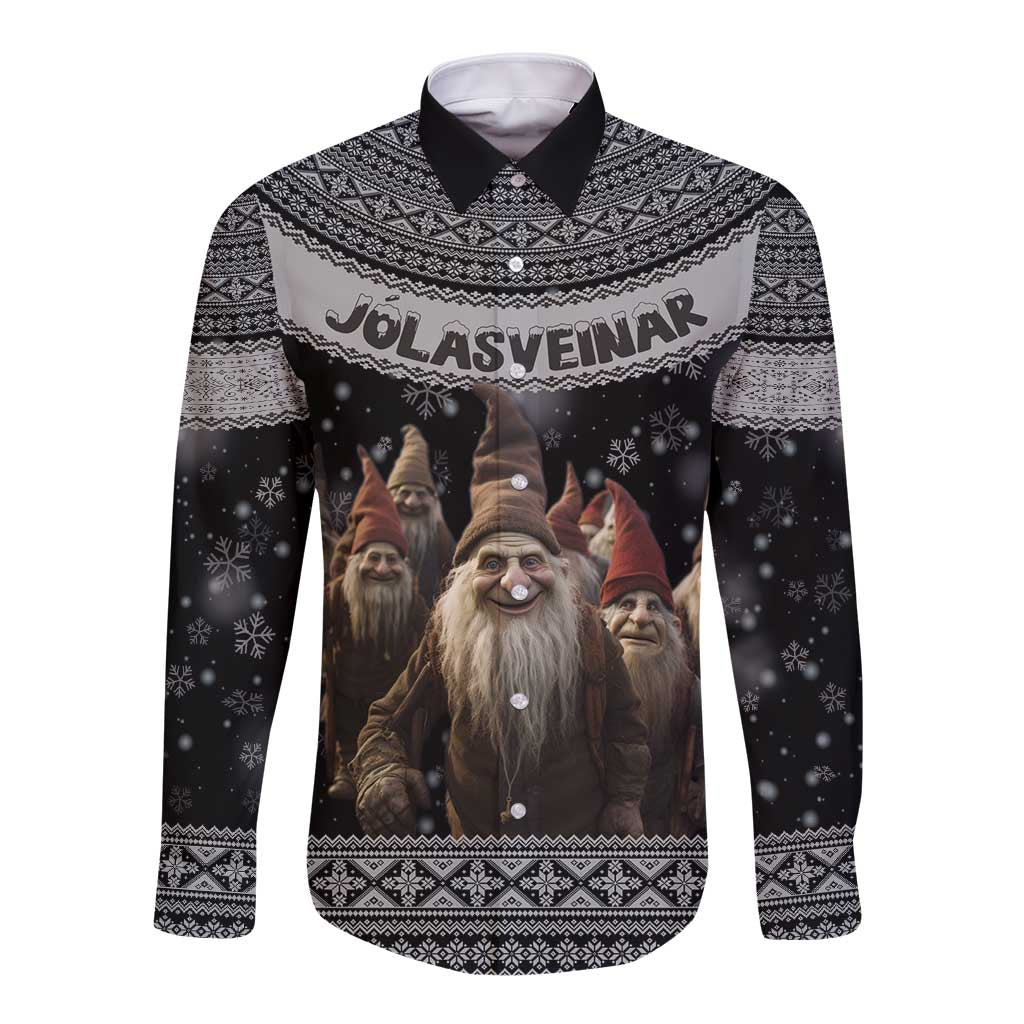 Unisex long sleeve button shirt in black with Nordic pattern and Jolasveinar graphic