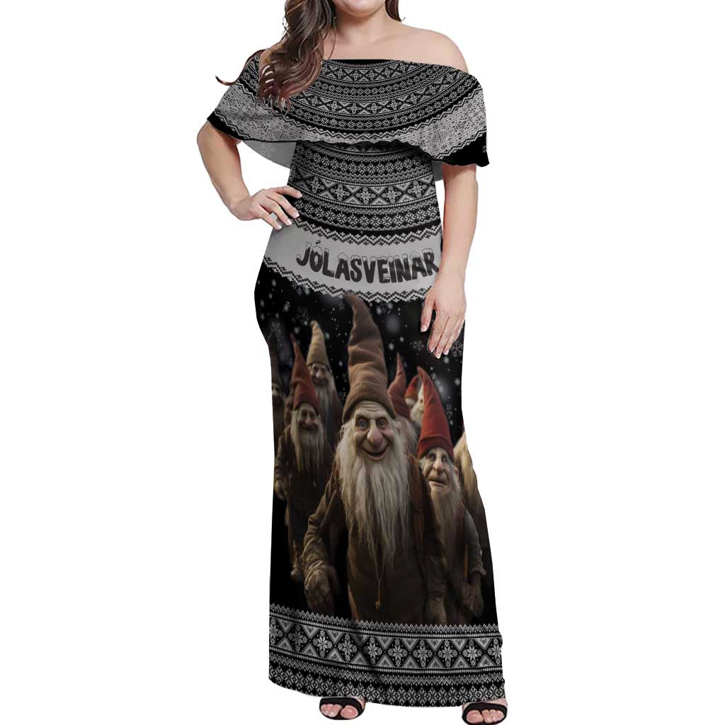 13 Yule Lads Iceland Christmas Off Shoulder Maxi Dress Jolasveinar and Nordic Traditional Pattern - Wonder Print Shop