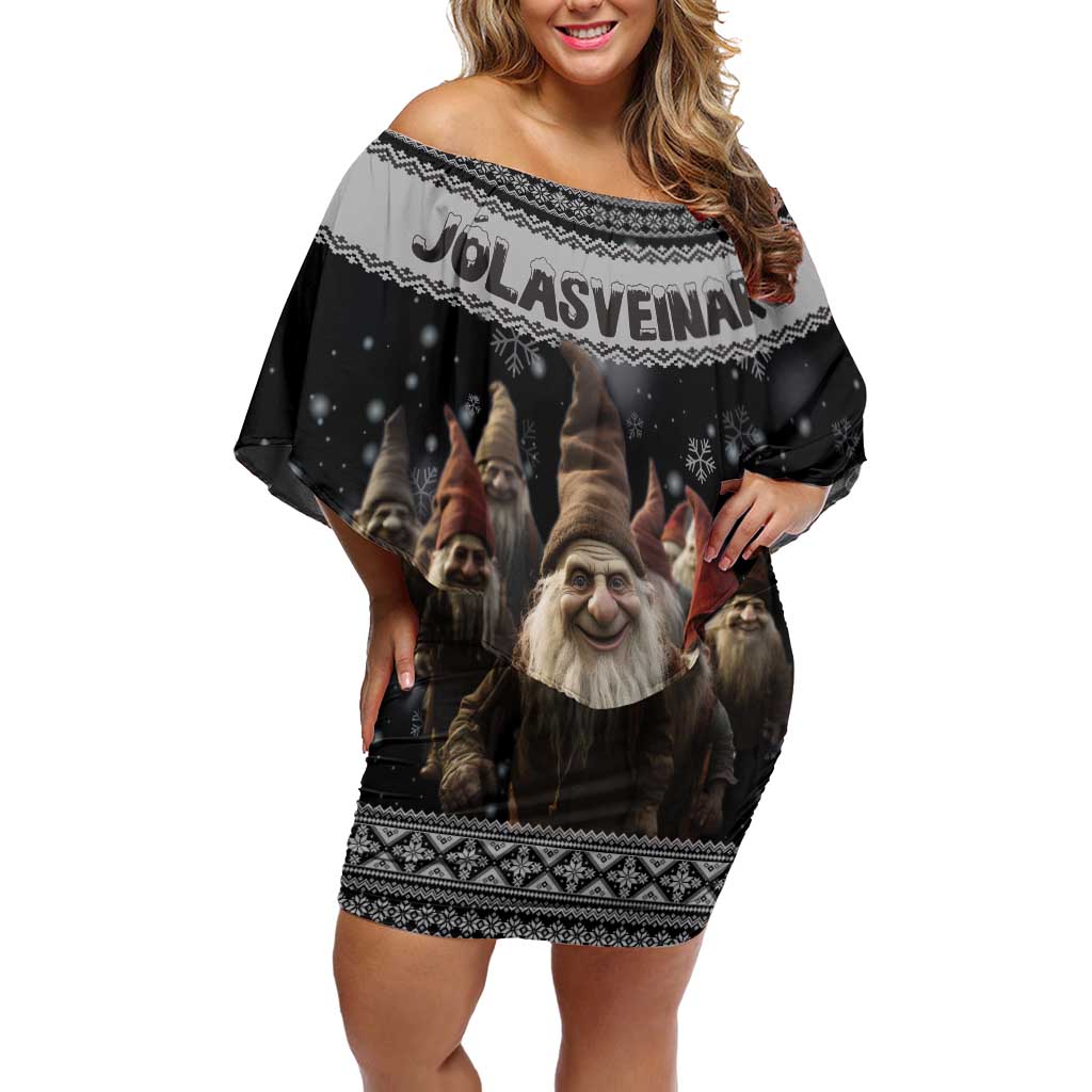 13 Yule Lads Iceland Christmas Off Shoulder Short Dress Jolasveinar and Nordic Traditional Pattern - Wonder Print Shop