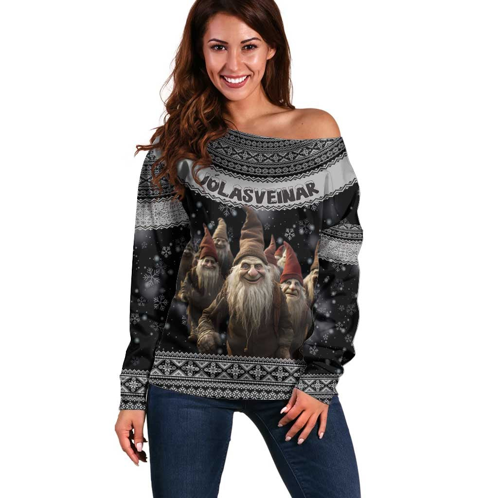 13 Yule Lads Iceland Christmas Off Shoulder Sweater Jolasveinar and Nordic Traditional Pattern - Wonder Print Shop