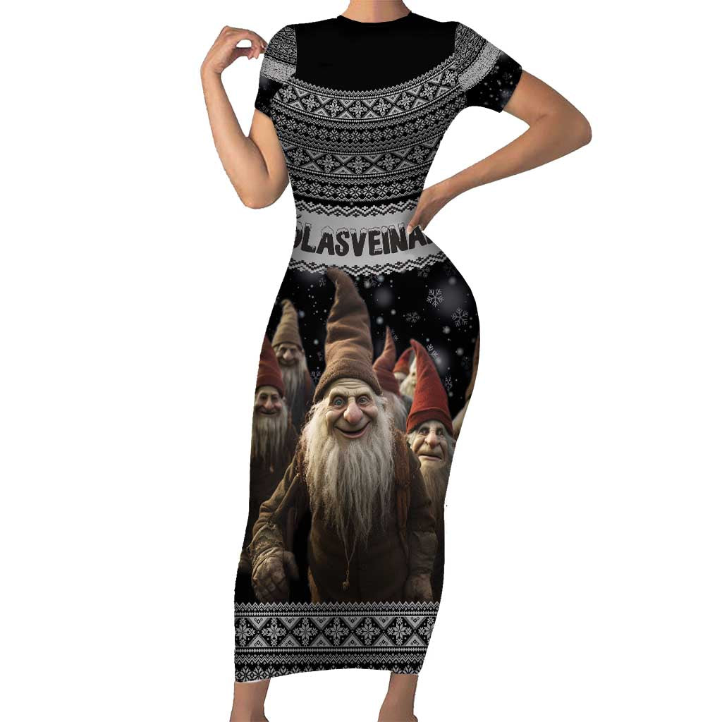 13 Yule Lads Iceland Christmas Short Sleeve Bodycon Dress Jolasveinar and Nordic Traditional Pattern