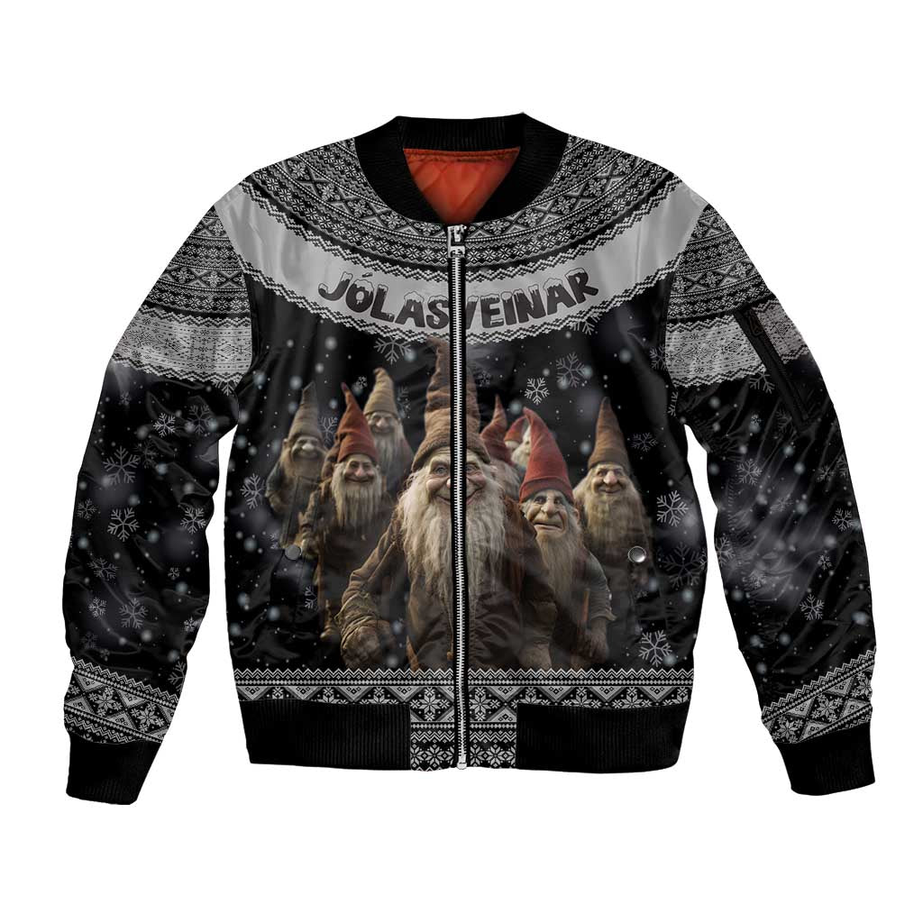 13 Yule Lads Iceland Christmas Sleeve Zip Bomber Jacket Jolasveinar and Nordic Traditional Pattern