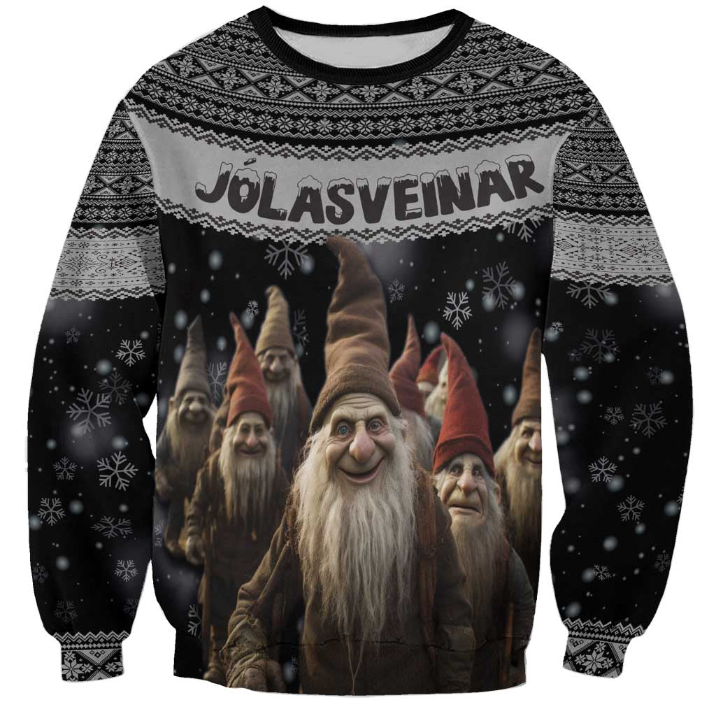 Unisex black Christmas sweatshirt with Nordic pattern and Jolasveinar character graphic