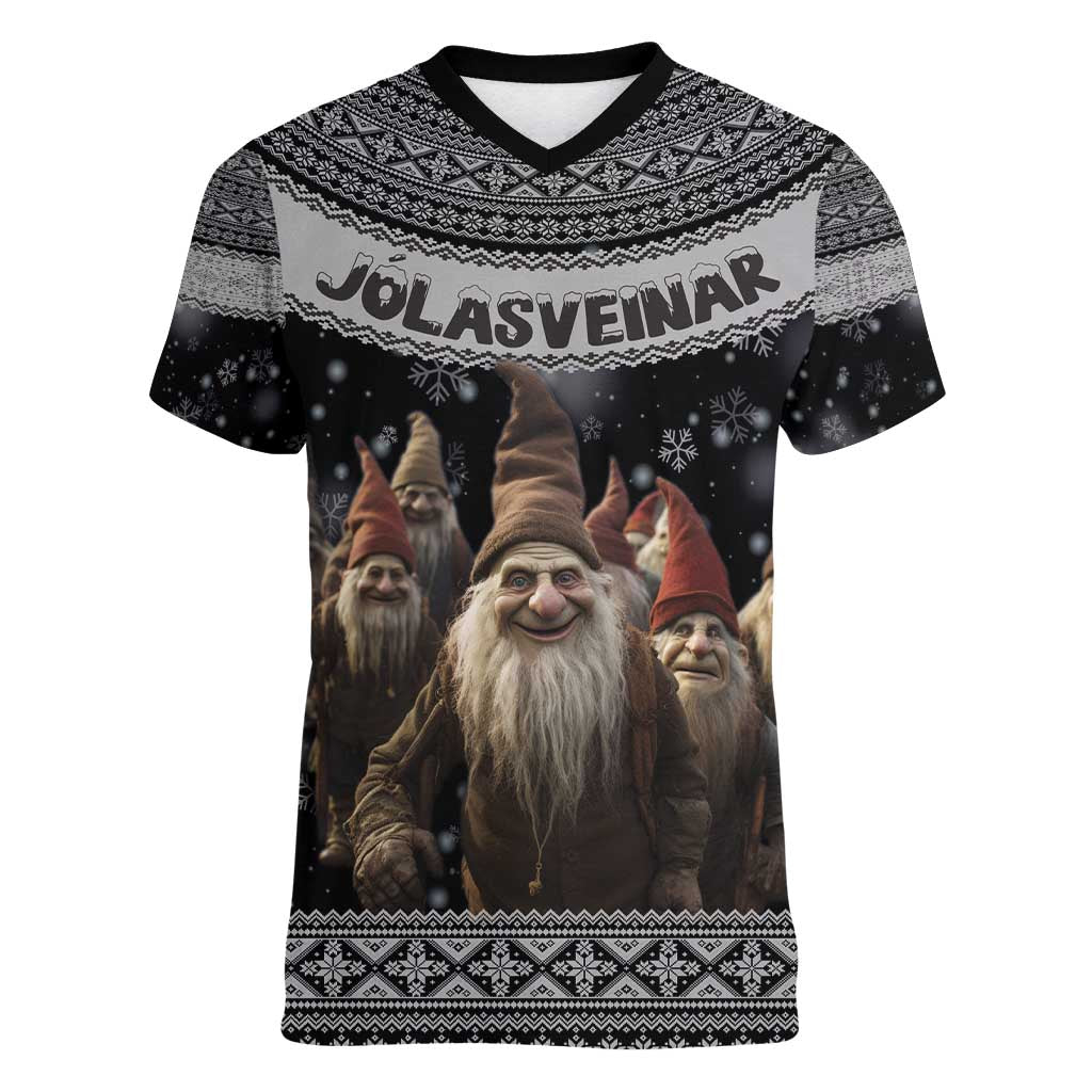 13 Yule Lads Iceland Christmas Women V-Neck T-Shirt Jolasveinar and Nordic Traditional Pattern