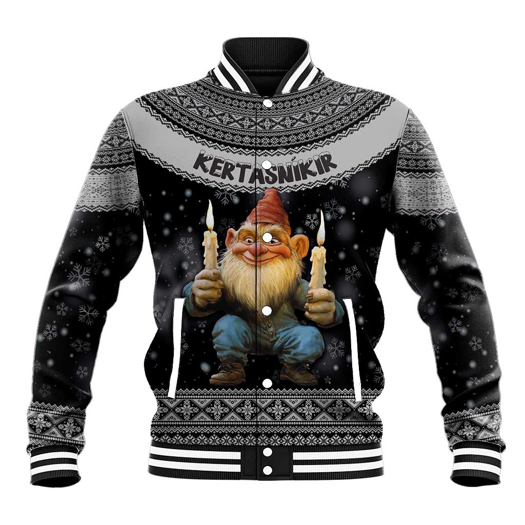 Unisex black baseball jacket with gnome graphic, Nordic patterns, striped ribbed trim
