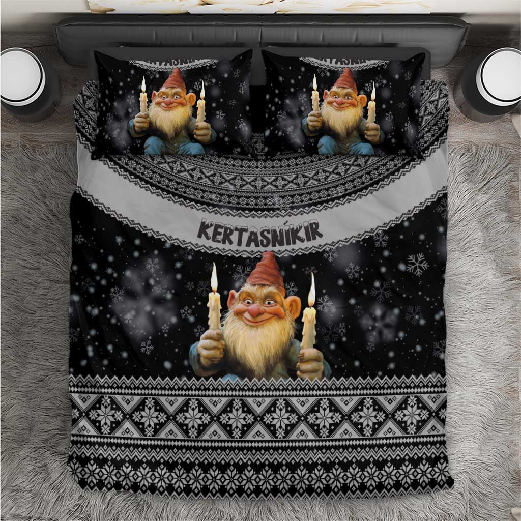 Black Christmas bedding set with gnome holding candles and Nordic geometric trim