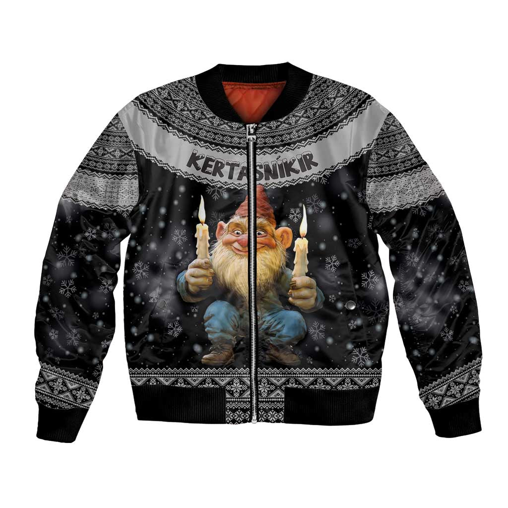 Unisex black bomber jacket with Nordic pattern and gnome holding candles