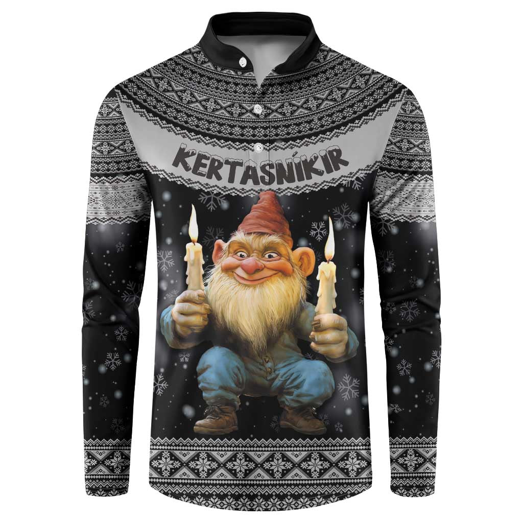 Black pullover sweatshirt with Nordic yoke pattern, gnome and two lit candles