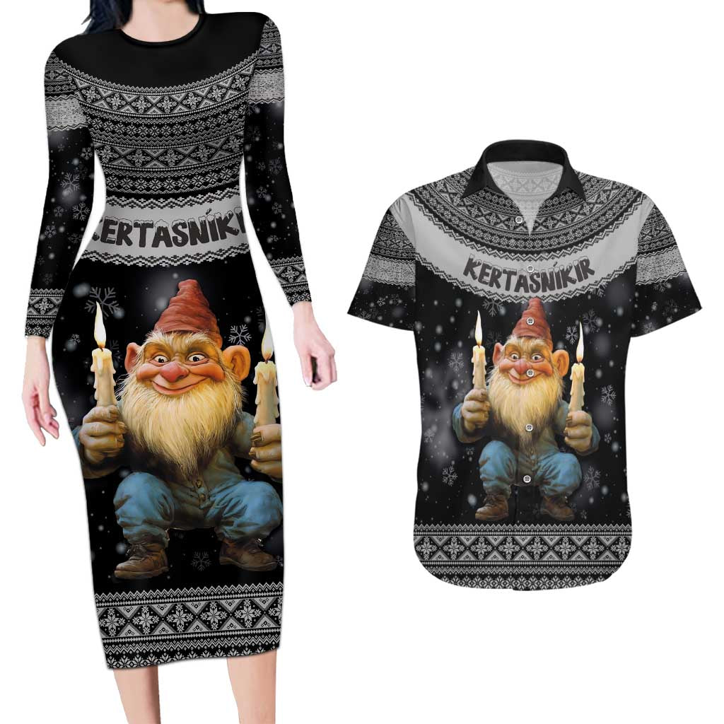 Iceland Kertasnikir Christmas Couples Matching Long Sleeve Bodycon Dress and Hawaiian Shirt Candle Beggar and Nordic Traditional Pattern - Wonder Print Shop