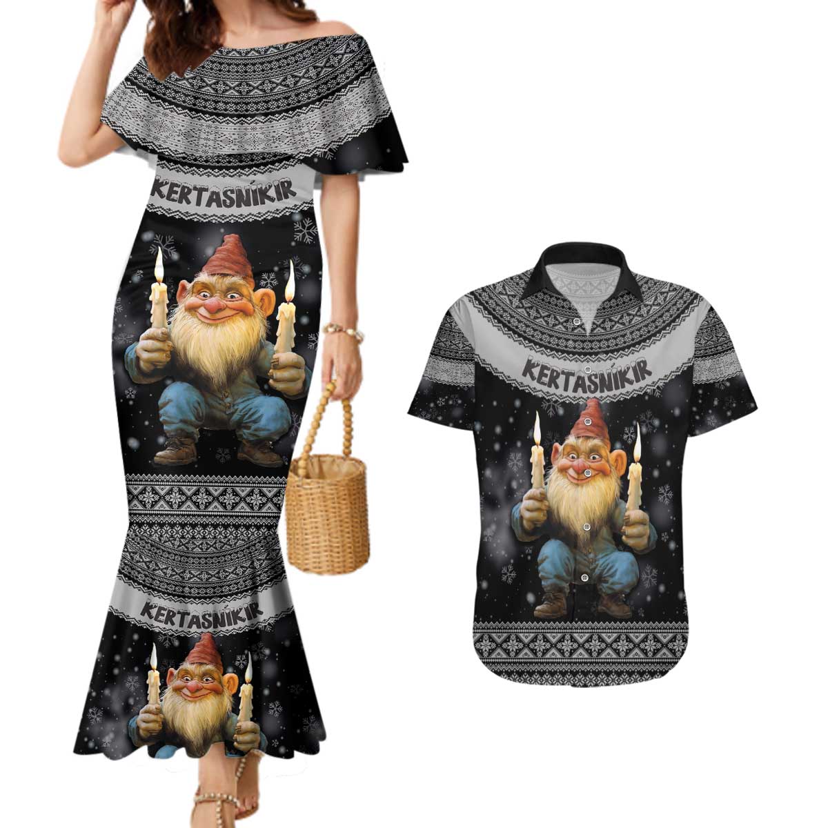 Iceland Kertasnikir Christmas Couples Matching Mermaid Dress and Hawaiian Shirt Candle Beggar and Nordic Traditional Pattern - Wonder Print Shop