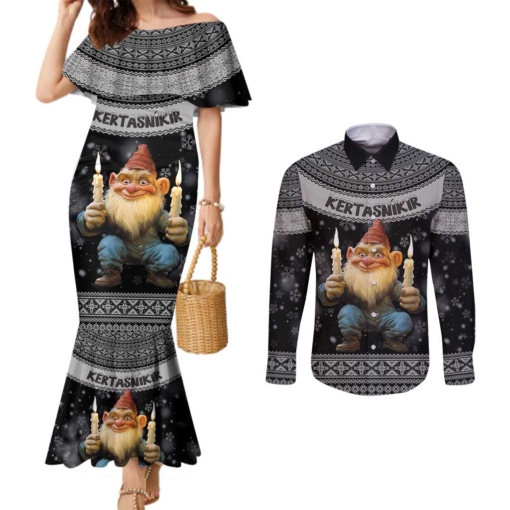 Iceland Kertasnikir Christmas Couples Matching Mermaid Dress and Long Sleeve Button Shirt Candle Beggar and Nordic Traditional Pattern