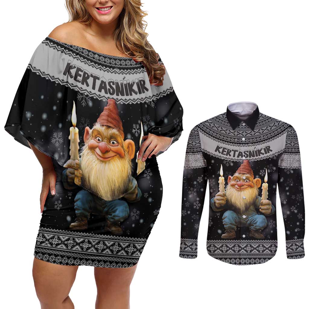 Iceland Kertasnikir Christmas Couples Matching Off Shoulder Short Dress and Long Sleeve Button Shirt Candle Beggar and Nordic Traditional Pattern - Wonder Print Shop