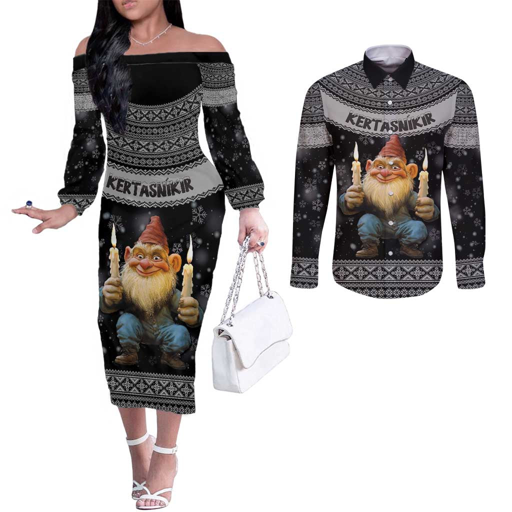 Iceland Kertasnikir Christmas Couples Matching Off The Shoulder Long Sleeve Dress and Long Sleeve Button Shirt Candle Beggar and Nordic Traditional Pattern