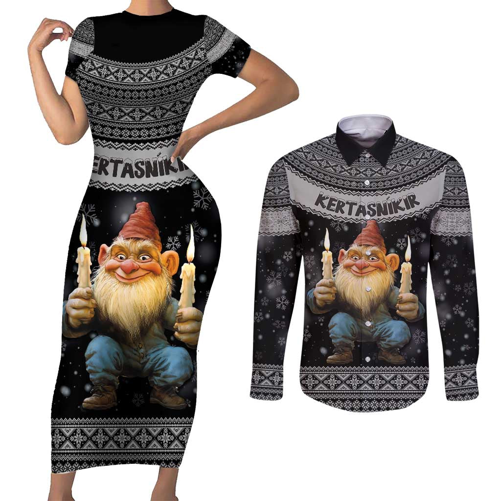 Iceland Kertasnikir Christmas Couples Matching Short Sleeve Bodycon Dress and Long Sleeve Button Shirt Candle Beggar and Nordic Traditional Pattern - Wonder Print Shop