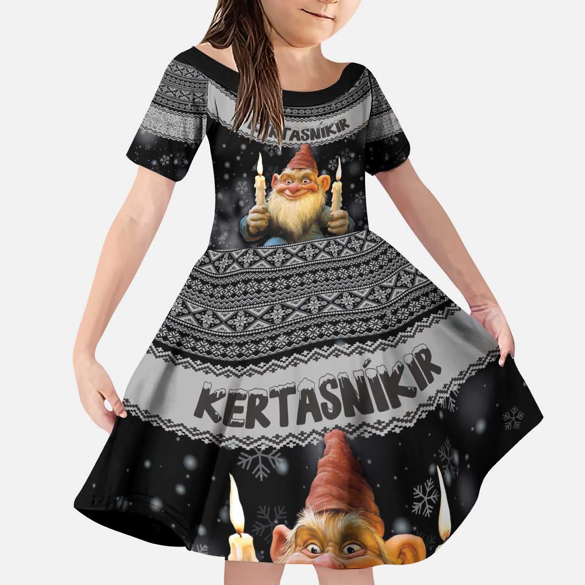 Iceland Kertasnikir Christmas Kid Short Sleeve Dress Candle Beggar and Nordic Traditional Pattern - Wonder Print Shop