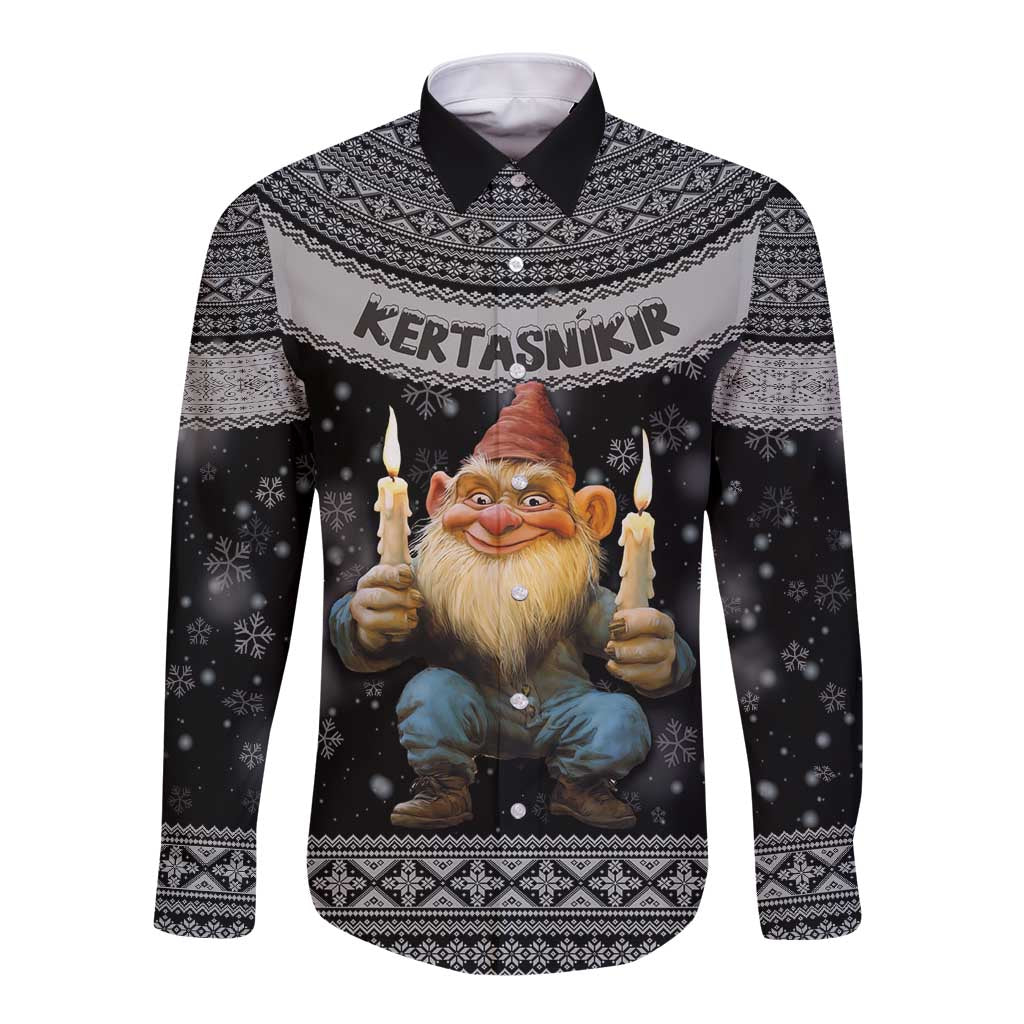 Unisex black long-sleeve button shirt with Nordic pattern and candle gnome front