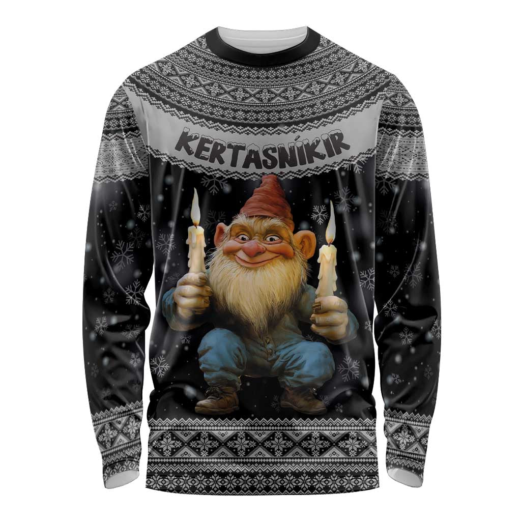 Black unisex long sleeve shirt with Nordic pattern and gnome front graphic