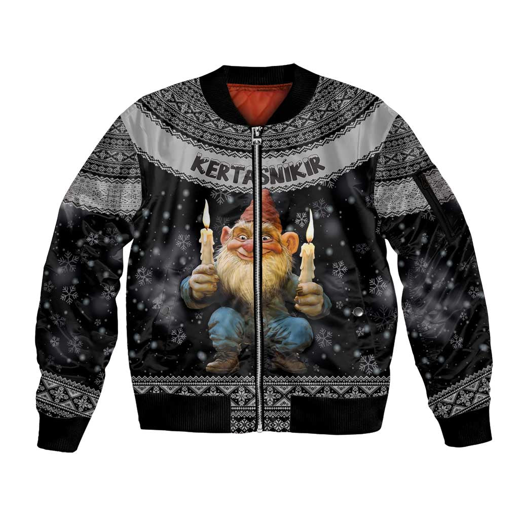 Iceland Kertasnikir Christmas Sleeve Zip Bomber Jacket Candle Beggar and Nordic Traditional Pattern