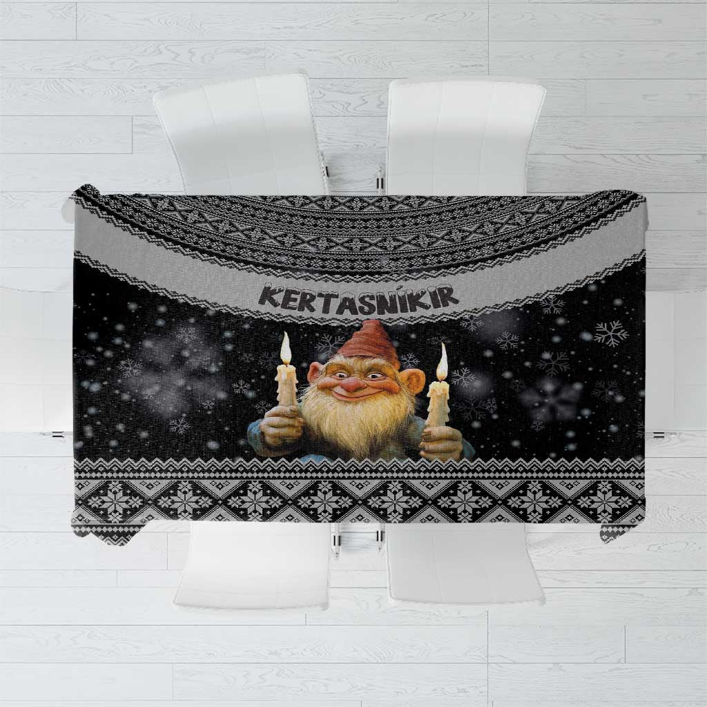 Black Nordic Christmas tablecloth with gnome and candle print, geometric border