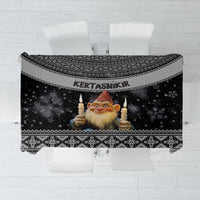 Black Nordic Christmas tablecloth with gnome and candle print, geometric border