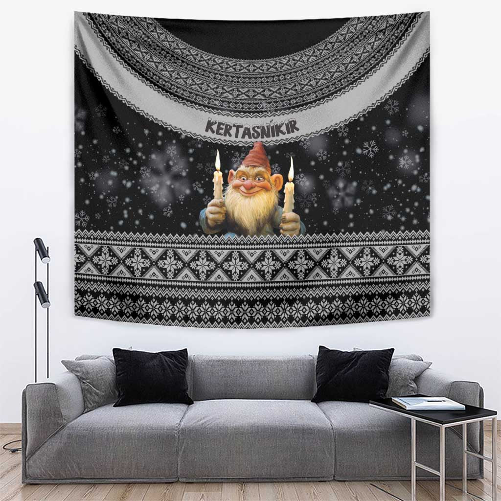 Black Nordic tapestry wall hanging with gnome holding two candles and geometric border