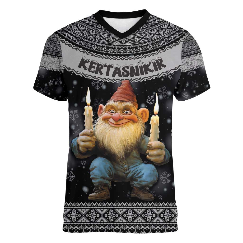 Iceland Kertasnikir Christmas Women V-Neck T-Shirt Candle Beggar and Nordic Traditional Pattern