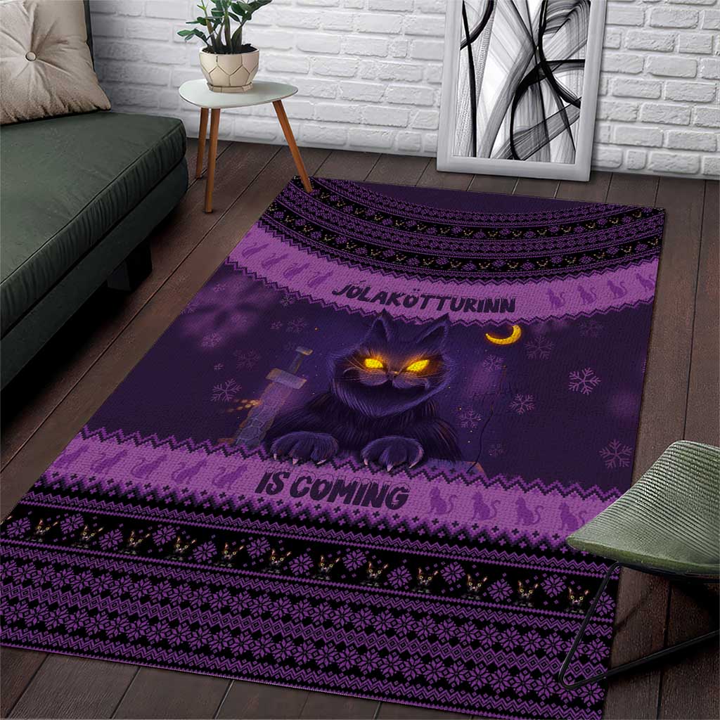 Dark purple Christmas area rug with sleeping cat and Nordic border pattern