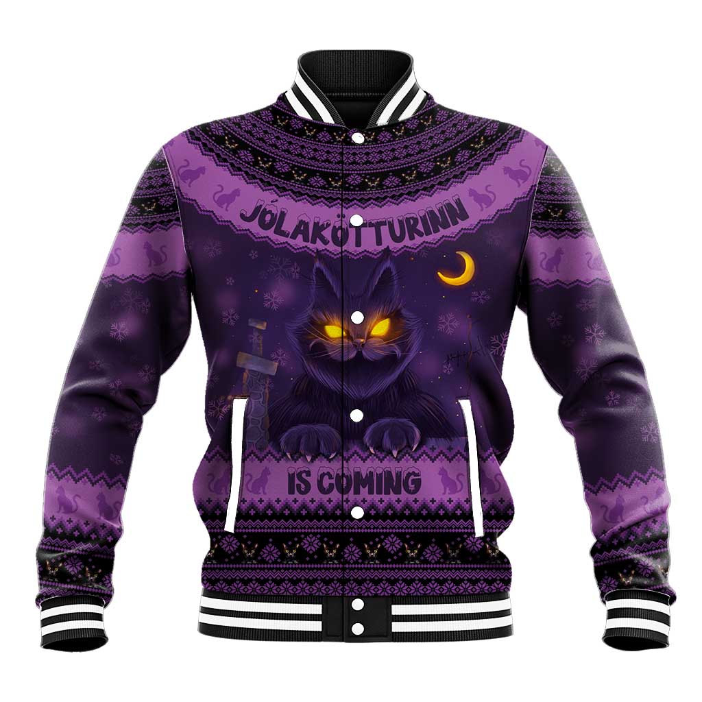 Dark purple baseball jacket with cat face graphic, Nordic trim and ribbed collar