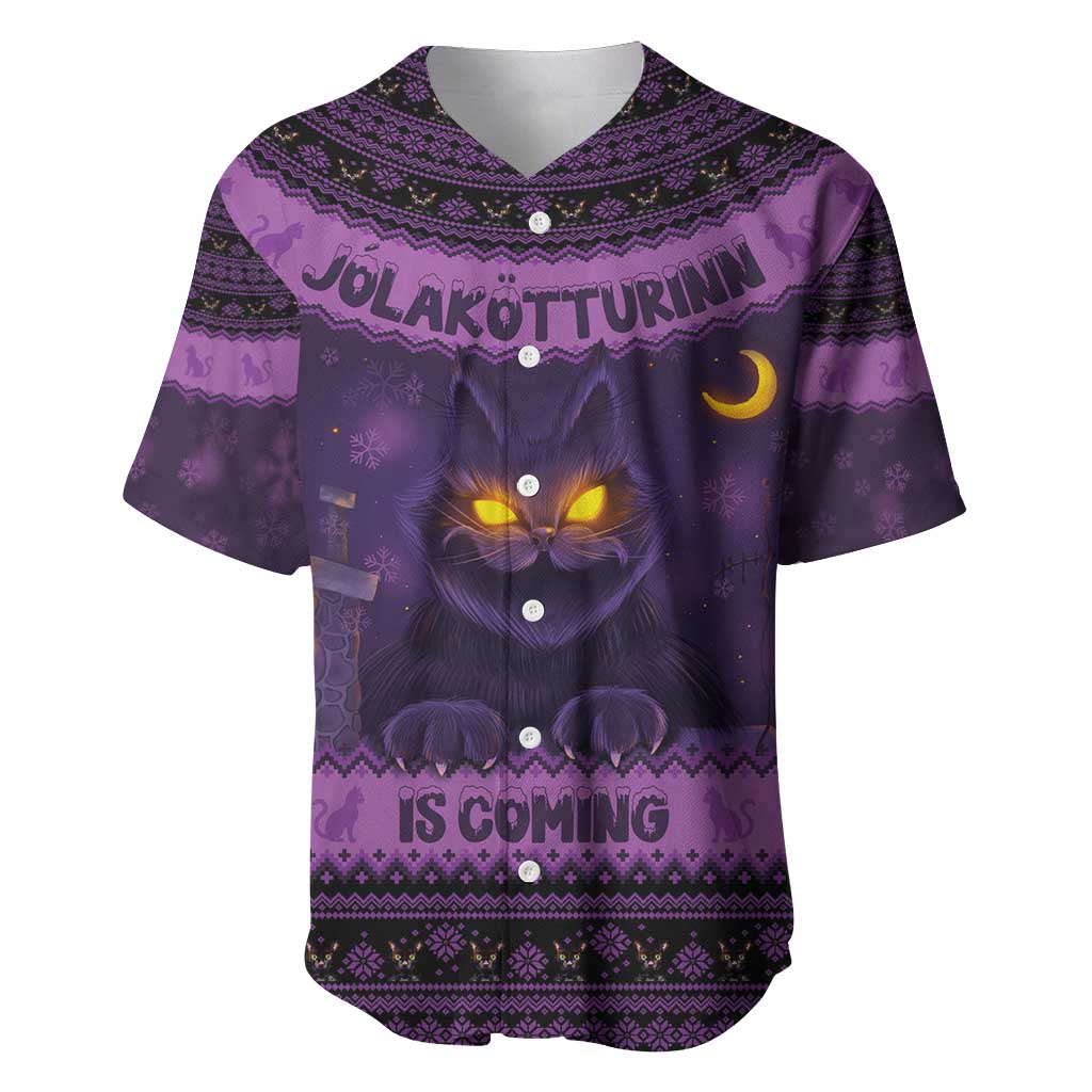 Dark purple Christmas baseball jersey, cat face and moon, Nordic pattern, 'IS COMING'.
