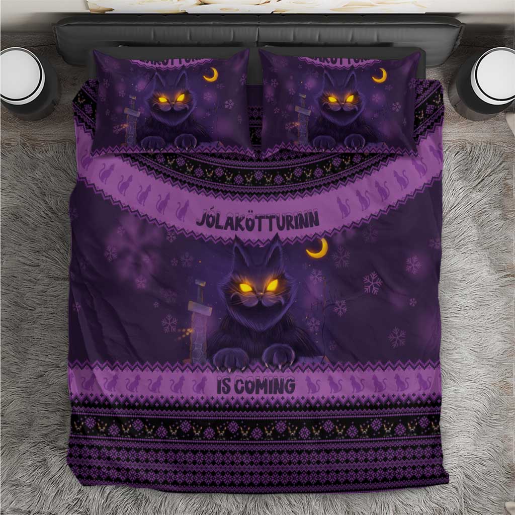 Dark purple Christmas bedding set with glowing cat faces, Nordic pattern, and 2 pillowcases