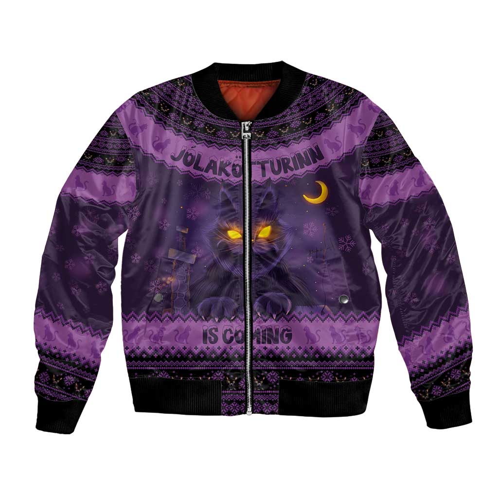 Unisex dark purple Christmas bomber jacket with front zip and glowing cat face pattern