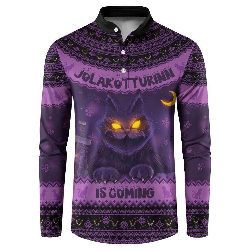Dark purple Christmas button sweatshirt with front cat face graphic and Nordic trim