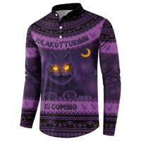 Dark purple Christmas button sweatshirt with cat graphic, moon detail, Nordic pattern cuffs