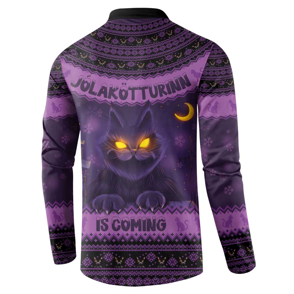 Dark purple sweatshirt with back cat graphic, “is coming” text, Nordic pattern yoke