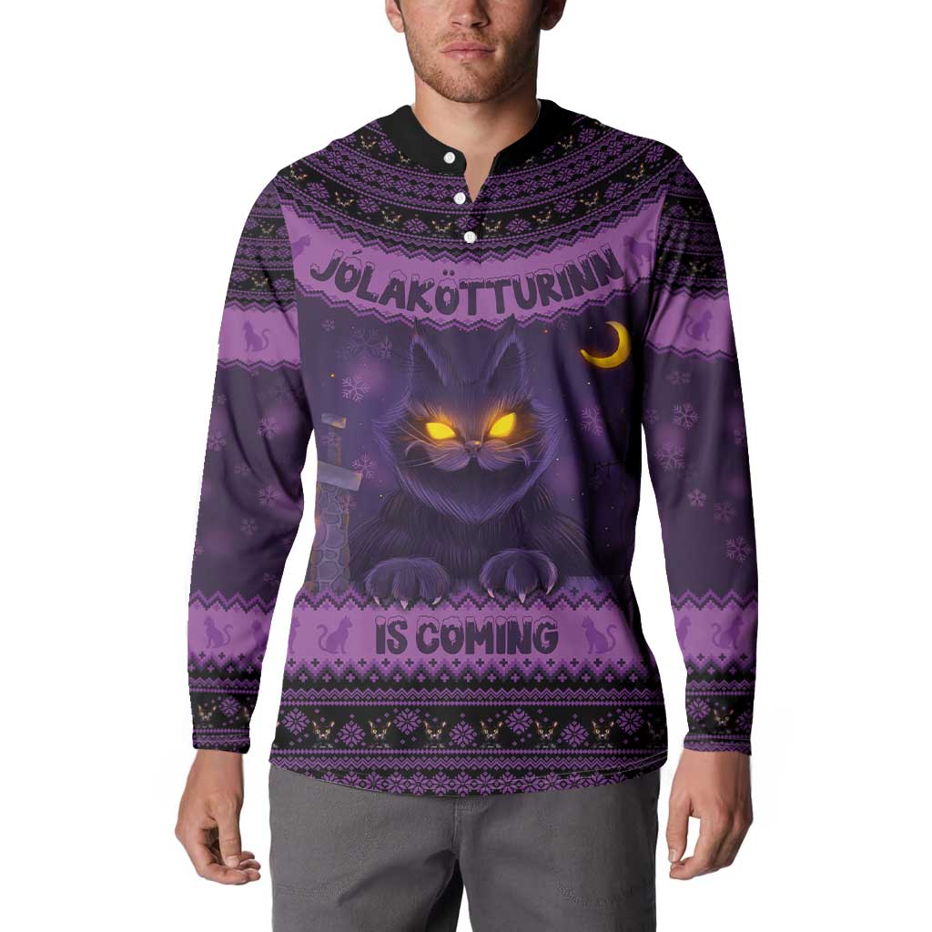 Dark purple Christmas button sweatshirt with cat graphic and Nordic pattern, long sleeves