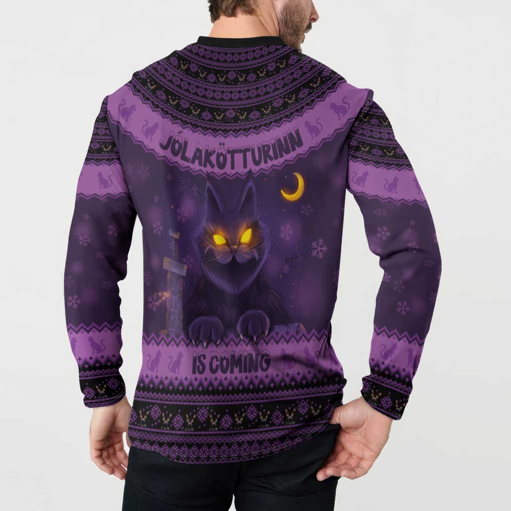 Dark purple sweatshirt with back cat graphic, Nordic pattern yoke, button placket