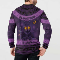 Dark purple sweatshirt with back cat graphic, Nordic pattern yoke, button placket